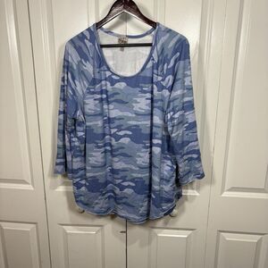 Como Vintage Camouflage Top Womens 3X Blue Green Camo Print Long Sleeve Casual